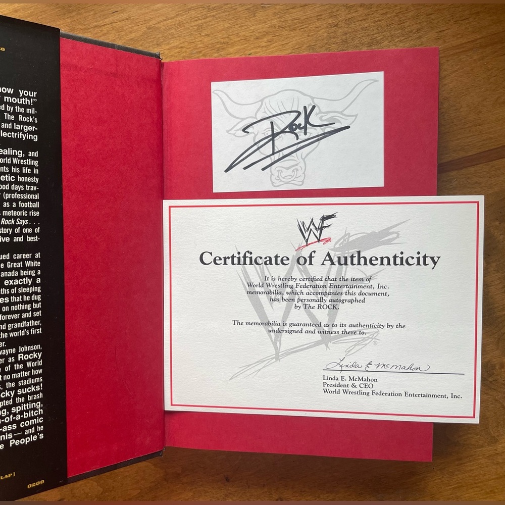 The Rock Says Dwayne Johnson Signed Book With COA Linda McMahon Certified WWF
